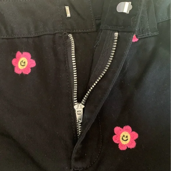 Cotton Wide-leg Leg Pants Embroidered Happy Face Flower Twill Party Pants BLK L - Picture 5 of 11